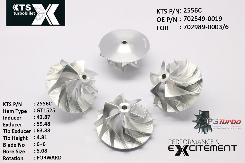 Turbo ROUE FORGÉE MFS PERFORMANCE - 6+6 PALES - INDUCER : 42,87 - EXDUCER : 59,48 - TYPE : GT15-25ANGLE : 75° - ROTATION : Forward - SUPER BACK : 3,68 - BORE SIZE : 5,08
